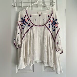 Altar'd State White Blouse with Pink and Blue Embroidery